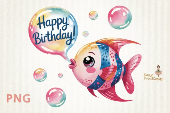 Download Cute Happy Birthday Fish Clipart | PNG - Premium Bundle