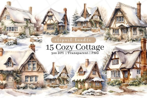 Download Cozy Cottage Watercolor Clipart - Cozy cottage Collection